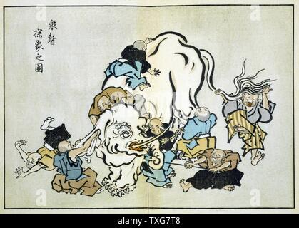 Itcho Hanabusa Japanese school Blind Monks Examining an Elephant : Illustration of Buddhist parable where each monk reached a different conclusion depending which part of the animal he examined Woodblock Stock Photo