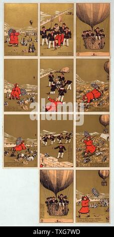 French satirical cards  Chinese Governor of Bac-Ninh, Vietnam, with his rabbits, sees balloon carrying French sailors approaching. Sailors land,take Governor prisoner, and make rabbit stew Chromolithograph Stock Photo