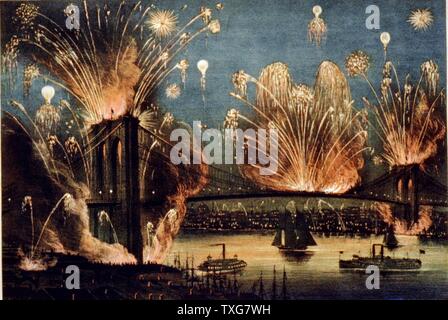 Firework celebrating  the opening of the Brooklyn Suspension New York, USA, 24 May 1883 Chromolithograph by Currier and Ives Stock Photo