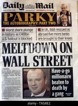 Front page of 'The Daily Mail' newspaper 30th September 2008 Lead story : Collapse of stock market values following the Global Economic Crisis Stock Photo