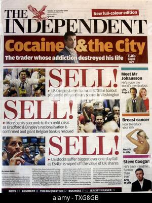 Front page of 'The Independent' newspaper 30th September 2008 Lead story : Collapse of stock market values following the Global Economic Crisis Stock Photo