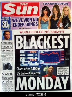 Front page of 'The Sun' newspaper 30th September 2008 Lead story : Collapse of stock market values following the Global Economic Crisis Stock Photo