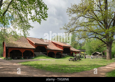 Folk museum Oslo, view of a traditional threshing barn typical of the Ostlandet region sited in the Norsk Folkemuseum in the Bygdøy area of Oslo. Stock Photo