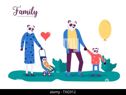 Panda family outdoor activities vector web banner concept. Parents with children walking in park. Mother and father with kids spending time together. Animal metaphors for human characters Stock Vector