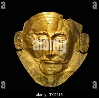 The Mask of Agamemnon discovered at Mycenae in 1876 by Heinrich Schliemann. The mask is a gold funeral mask, found over the face of a body located in a tomb Stock Photo