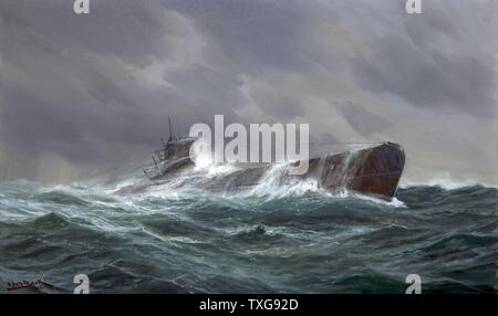 Adolf Bock German school World War II : 'Submarine at sea. German navy U-boat travelling on surface in a choppy sea, crew members on conning tower Painting Stock Photo