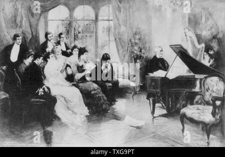 Richard Wagner (1813-1883) German composer and conductor, seated at a grand piano, playing music from his opera 'Parsifal' for an intimate group of friends Stock Photo