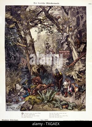 Illustration shows characters from German fairy tales, including Hansel and Gretel, Snow White and the Seven Dwarfs, and Puss in Boots, in a forest. By Hermann Vogel. Stock Photo