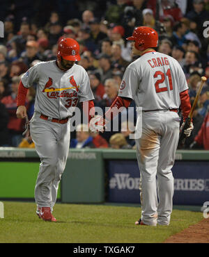 St. Louis Cardinals Jon Jay (L) and Carlos Beltran celebrate in