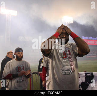 Boston Red Sox World Series MVP David Ortiz celebrates after the Red Sox defeated the St. Louis Cardinals in game six of the World Series at Fenway Park in Boston on October 30, 2013. The Red Sox defeated the Cardinals 6-1 in game six to win the series 4-2.    UPI/Matthew Healey Stock Photo