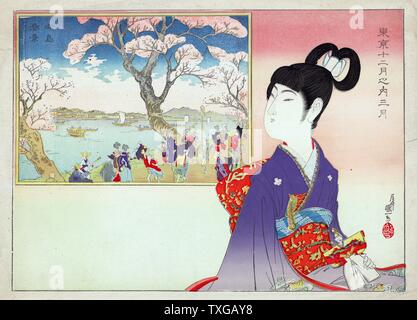 A young girl holding a doll remembers the revelry during a festival beneath blossoming cherry trees on the banks of a river. The small landscape depicted celebrates Mukojima situated on the east bank of the Sumida River. The young girl is holding what is likely an emperor doll associated with the March 3rd Hinamatsuri or Girls Day festival. Stock Photo