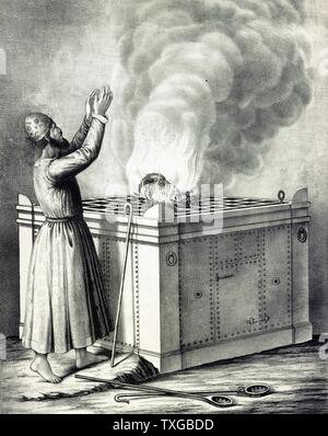 Altar of burnt offering. Print shows a priest standing before a large altar with a grill on top, on which a ram's head is being consumed by flames. Stock Photo