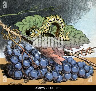 A destructive worm. Illustration shows a caterpillar labeled Communism on a grape leaf showing $ and labeled Capital, also a bunch of grapes, some of which are labeled Law, Order, Rights, Talent, Worth, Industry, Education, Respect, Business, [and] Peace. Stock Photo
