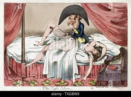 The night mare. Cartoon shows a scantily clad woman asleep on a bed, a little man sitting on her chest pulling back her see-through covers, as one of her arms hangs to the floor near a chamber pot written on it... Source of Nile and a book on a chair is titled Bruces Travels. Stock Photo