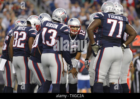 New England Patriots quarterback Tom Brady (12) leads the huddle in the first quarter of the preseason game against the Green Bay Packers at Gillette Stadium in Foxborough, Massachusetts on August 13, 2015.       Photo by Matthew Healey/ UPI Stock Photo