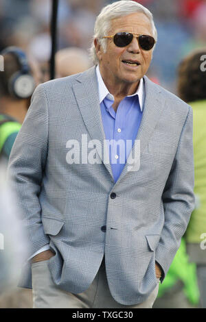 New England Patriots owner Robert Kraft walks on the sideline before the preseason game against the Green Bay Packers at Gillette Stadium in Foxborough, Massachusetts on August 13, 2015.     Photo by Matthew Healey/ UPI Stock Photo