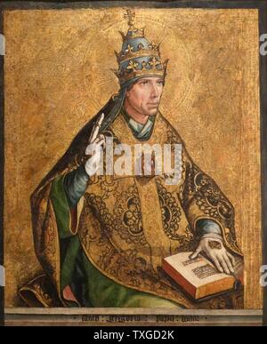 Portrait of Pope Gregory I (540-604) known as Saint Gregory the Great. By Pedro Berruguete (1450-1504) Spanish painter. His art is regarded as a transitional style between gothic and Renaissance. Dated 15th Century Stock Photo