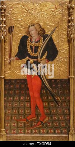 Wooden altarpiece depicting Saint Sebastian. Created from telleus stucco and gold with gold leaf on wood. Jaume Ferrer, Majorcan sailor and explorer. Dated 15th Century Stock Photo