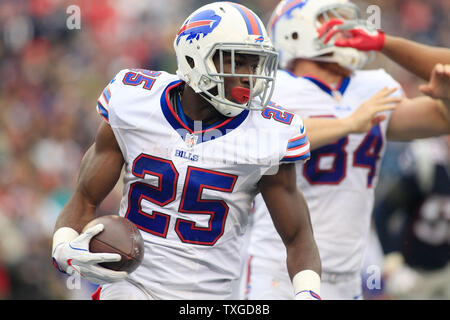 Buffalo Bills running back LeSean McCoy (25) looks for running room on a carry in the fourth quarter against the New England Patriots at Gillette Stadium in Foxborough, Massachusetts on October 2, 2016. The Bills defeated the Patriots 16-0.   Photo by Matthew Healey/ UPI Stock Photo