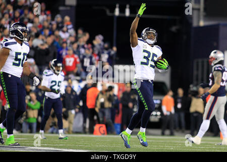 Seattle Seahawks defensive back DeShawn Shead (35) celebrates his interception in the second quarter against the New England Patriots at Gillette Stadium in Foxborough, Massachusetts on November 13, 2016. The Seahawks defeated the Patriots 31-24.   Photo by Matthew Healey/ UPI Stock Photo