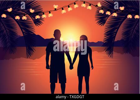 couple enjoy the romantic sunset at paradise beach vector illustration EPS10 Stock Vector