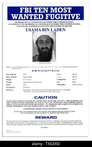 Top Ten Most Wanted notice issued by the FBI for Osama Bin Laden (1957 ...