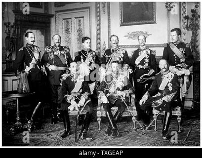 Photograph of the nine European Monarch at attendance of King Edward VII's funeral. Standing from left to right: King Haakon VII of Norway, Tsar Ferdinand of the Bulgarians, King Manuel II of Portugal and the Algarve, Kaiser Wilhelm II of Germany and Prussia, King George I of the Hellenes and King Albert I of the Belgians. Seated, from left to right: King Alfonso XIII of Spain, King George V of the United Kingdom and King Frederick VIII of Denmark. Dated 1910 Stock Photo