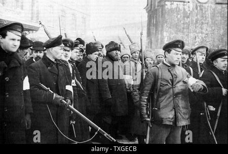 Photograph of the patrol of the October Revolution . The revolution was led by the Bolsheviks, who used their influence in the Petrograd Soviet to organize the armed forces. Dated 1917 Stock Photo