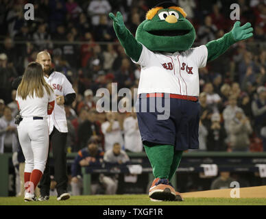 Boston Red Sox mascot Wally entertains the crowd before play against the Houston Astros in game two of the American League Championship Series at Fenway Park in Boston, Massachusetts on October 14, 2018. The Astros hold a 1-0 series lead over the Red Sox.     Photo by John Angelillo/UPI Stock Photo