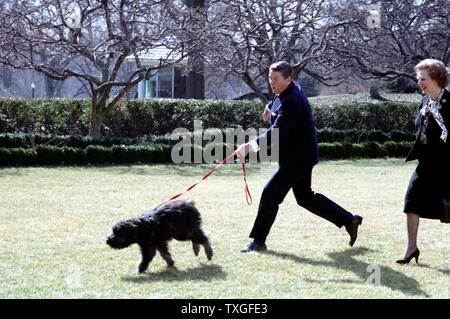 US President Ronald Reagan with British Prime Minister Margaret Thatcher, in the Rose Garden, White House, Washington DC 1988 Stock Photo