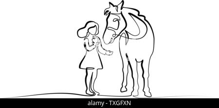Continuous one line drawing. Girl feeding horse with apple. Black and white vector illustration. Concept for logo, card, banner, poster, flyer Stock Vector