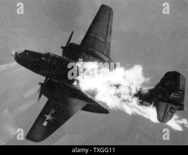 Douglas A-20J-10-DO (S/N 43-10129) of the 409th or 416th Bomb Group after being hit by flak over Germany. 1944 Stock Photo