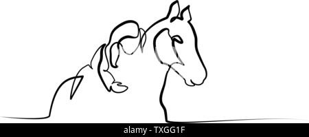 Continuous one line drawing. Girl lying horse. Black and white vector illustration. Concept for logo, card, banner, poster, flyer Stock Vector