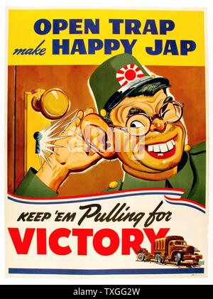 Propaganda Poster from WWII. Poster warning against 'loose talk' (talking about strategies or troop movements etc.) especially in front of Japanese people. Title reads 'Open Trap make Happy Jap' Stock Photo