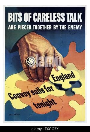 Propaganda Poster from WWII warning against the dangers of 'loose talk' (talking about strategies or troop movements etc.). Image shows the 'enemy' piecing together information. Stock Photo