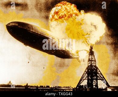 The Hindenburg disaster. The German passenger airship caught fire during its attempt to dock with a mooring mast at Naval Air Station Lakehurst resulting in 36 dead. Stock Photo