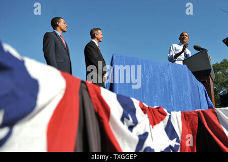 President Barack Obama speaks alongside Maryland Governor Martin O'Malley and Lt. Governor Anthony Brown during an O'Malley campaign rally at Bowie State University in Bowie, Maryland on October 7, 2010.  UPI/Kevin Dietsch Stock Photo