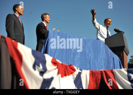 President Barack Obama speaks alongside Maryland Governor Martin O'Malley and Lt. Governor Anthony Brown during an O'Malley campaign rally at Bowie State University in Bowie, Maryland on October 7, 2010.  UPI/Kevin Dietsch Stock Photo