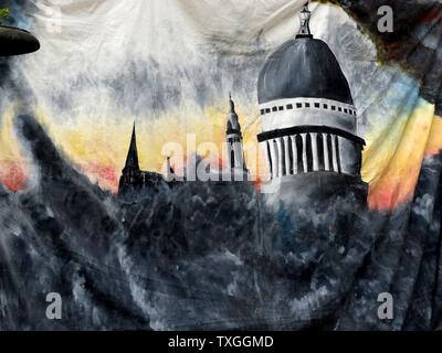 Painted sheet of cotton depicting the iconic sight of St Paul's Cathedral in London surviving an air raid during the Blitz in World War Two 1940
