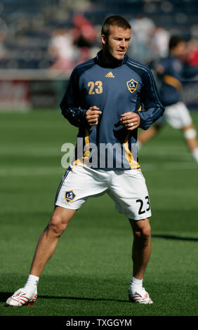 Los Angeles Galaxy midfielder David Beckham, from England, warms up before their match against the Chicago Fire at Toyota Park in Bridgeview, IL., October 21, 2007. The Fire defeated the Galaxy 1-0 in the regular season finale to advance to the MLS playoffs. (UPI Photo/Mark Cowan) Stock Photo