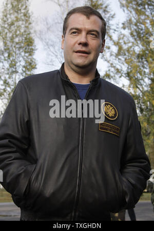 Russian President Dmitry Medvedev arrives to watch the final stage of Zapad-2009 (West 2009) Russian-Belarus joint military exercises at at Obuz-Lesnovsky training range near Brest in western Belarus on September 29, 2009. UPI/Anatoli Zhdanov Stock Photo