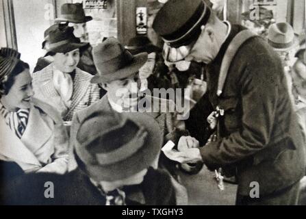 Ex-King Alfonso XIII of Spain on a bus, in exile in Lausanne, Switzerland 1931 Stock Photo