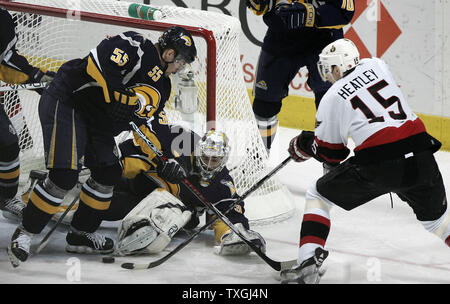 Ottawa Senators right wing Dany Heatley (15) tries to get a rebound from Buffalo Sabres center Jochen Hecht (55) in the first period of game two of the NHL Eastern Conference finals at the HSBC Arena in Buffalo, New York on May 12, 2007.  (UPI Photo/Jerome Davis) Stock Photo