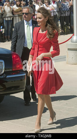 Prince William and Kate, the Duke and Duchess of Cambridge, arrive for the official departure ceremony from Canada at Rotary Challenger Park in Calgary, Alberta, July 8, 2011.    UPI/Heinz Ruckemann Stock Photo