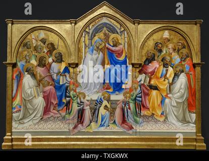 Painting titled 'The Coronation of the Virgin with Adoring Saints' by Lorenzo Monaco (1370-1425) an Italian painter of the late Gothic-early Renaissance age. Dated 15th Century Stock Photo