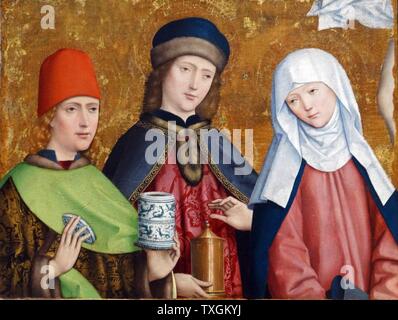 Painting titled 'Saints Cosmas and Damian and the Virgin' by Master of Liesborn, a Westphalian painter. Dated 15th Century Stock Photo