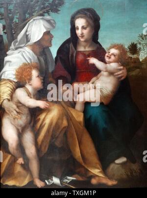 Painting titled 'The Madonna and Child, Saint Elizabeth and the Baptist' by Andrea del Sarto (1486-1530) an Italian painter from Florence. Dated 16th Century Stock Photo