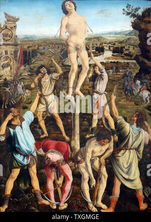 Painting titled 'The Martyrdom of Saint Sebastian' by Antonio del Pollaiolo (1433-1498) and Piero del Pollaiolo (1443-1496) Italian Renaissance painters. Dated 15th Century Stock Photo