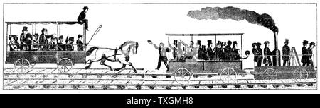 Race between Peter Cooper's locomotive 'Tom Thumb' and a horse-drawn railway carriage: Baltimore and Ohio Railroad, 1829 Stock Photo