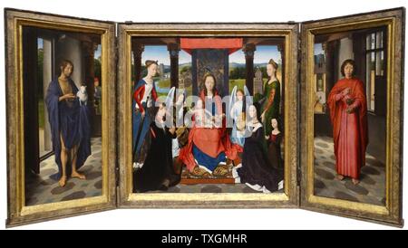 Triptych painting titled 'Virgin and Child' by Hans Memling (1430-1494) a German Early Netherlandish painter. Dated 15th Century Stock Photo